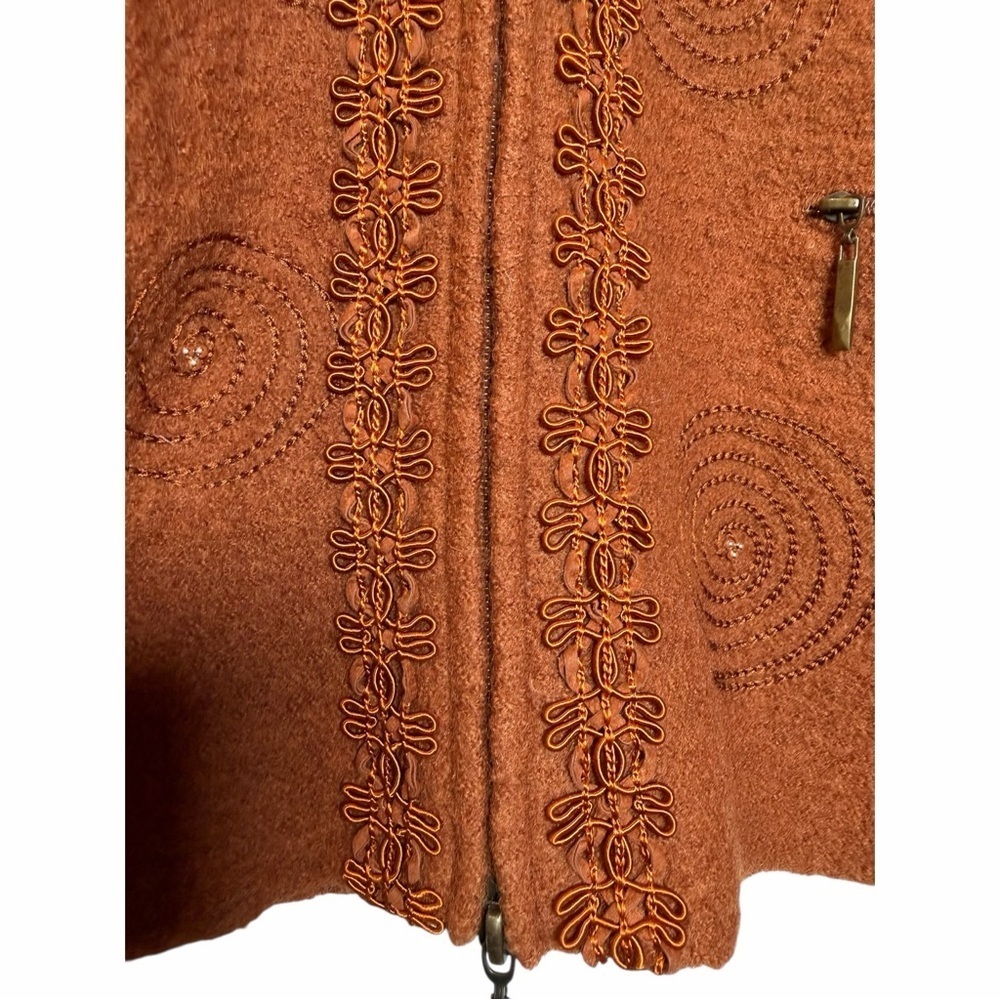 Boho Artisan 100% Wool Zip Jacket Embellished Brown Rust Statement Cardigan | XL - Picture 6 of 13